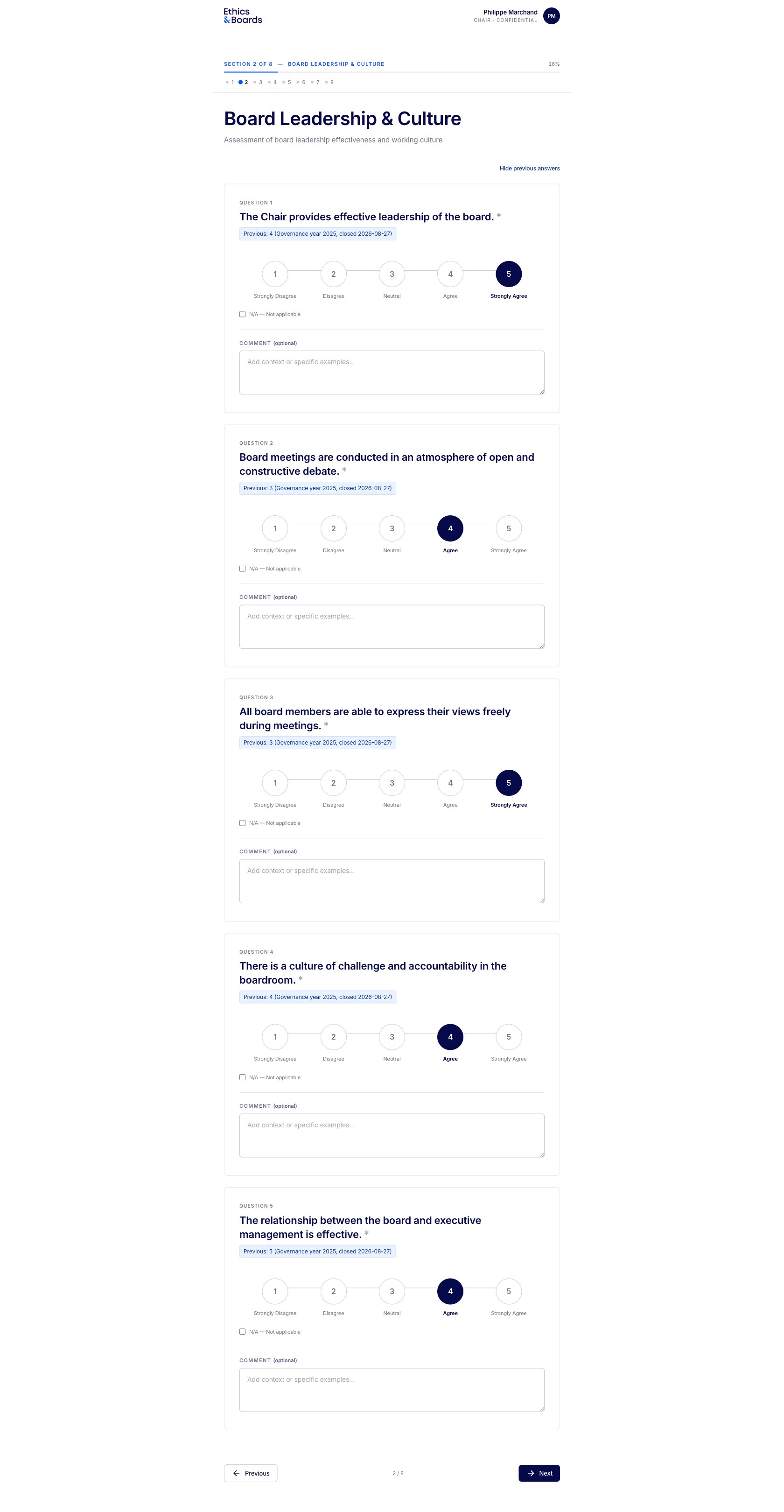 Respondent view — board leadership & culture self-assessment, section completed